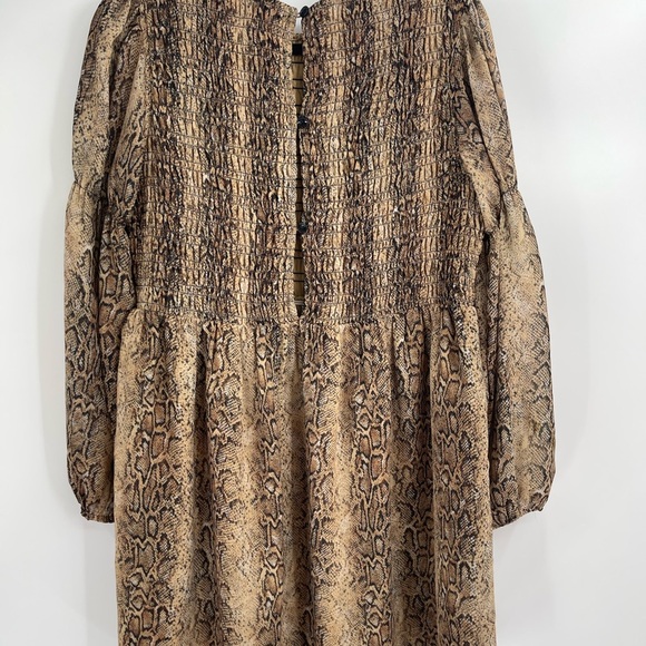 Ganni Long Sleeve Smocked Dress  Light Brown Snakeskin Print Size 38 Us Size 6 - Picture 13 of 13